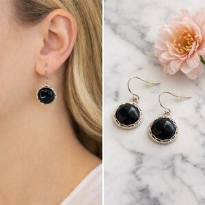 Black Onyx Style Dangle Earrings | Silver Tone | Minimalist Classic